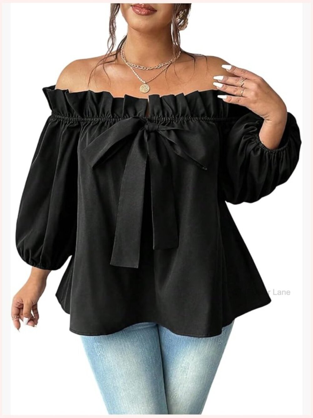 Plus Size Off Shoulder Blouse Bow Tops Lantern Sleeve Frill Trim Flared Shirts